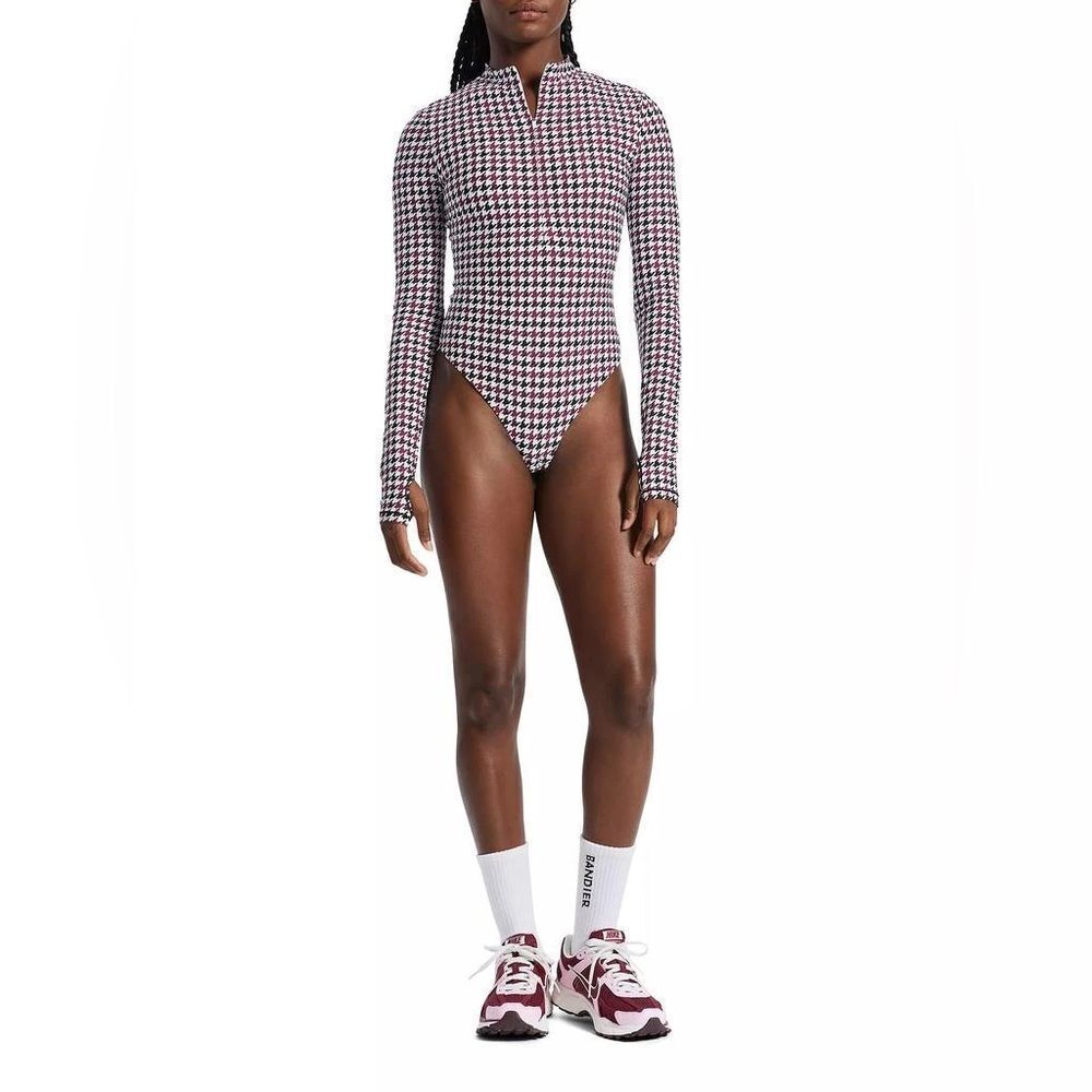 NWT Bandier Women’s Brio 1/4 zip long sleeve Houndstooth Bodysuit
